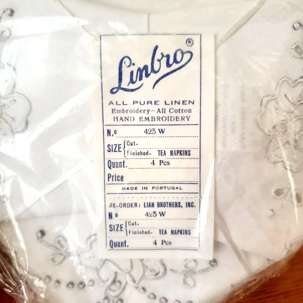 VTG Linbro Pure Linen Tea Napkins 4CT Hand Embroidered Scalloped Edge Floral